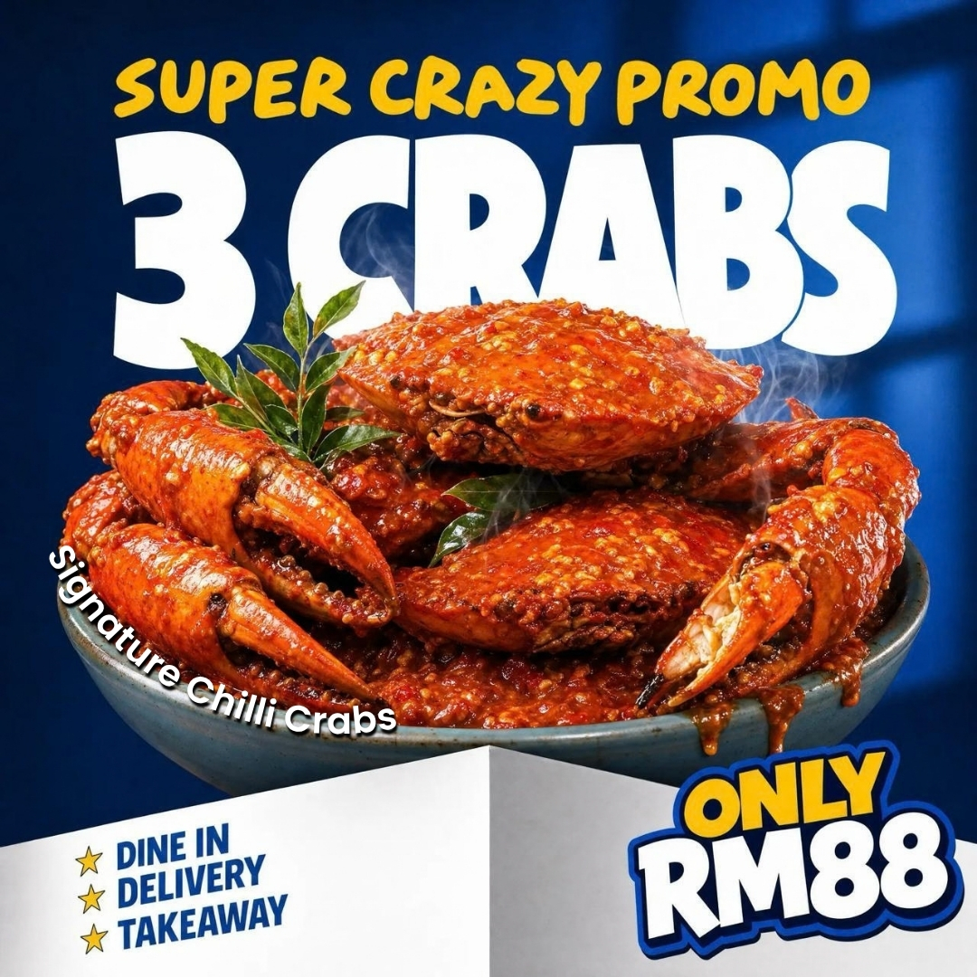 Pondok Ketam Signature Chilli Crabs special deal of 3 crabs for RM88, reserve your table now.
